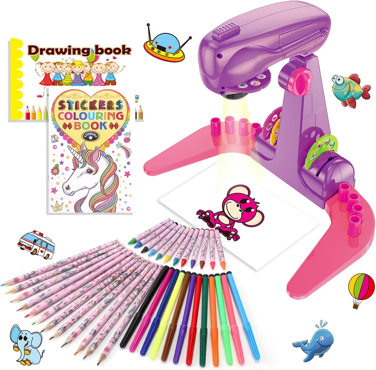 Hoarosall Proyector de Dibujo para Niños, Kit de Arte y Manualidades, Juguetes para Niñas de 3+ Años, Suministros de Dibujo, Incluyendo Lápices de Colores, Crayones, Libros para Colorear, Regalo para
