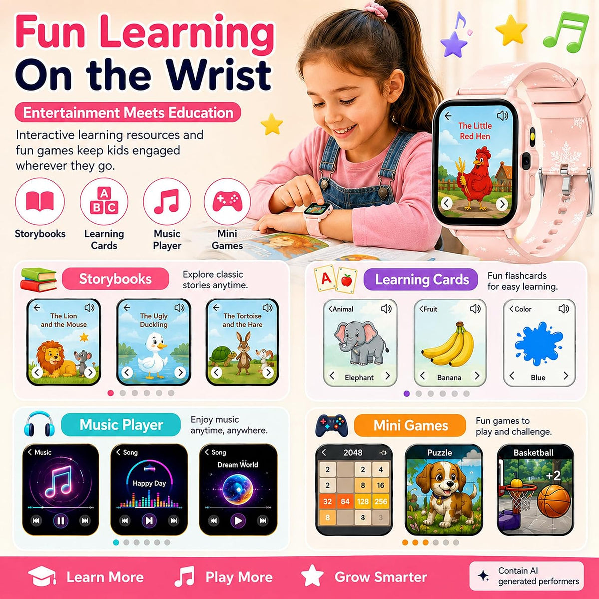 Reloj inteligente para niños de 5 a 12 años, juegos de funciones Ai con pantalla táctil HD, con cámara de video, reproductor de música, podómetro, ritmo cardíaco, rastreador de sueño, regalos de Navidad y cumpleaños para niñas (rosa, 1.85 pulgadas)
