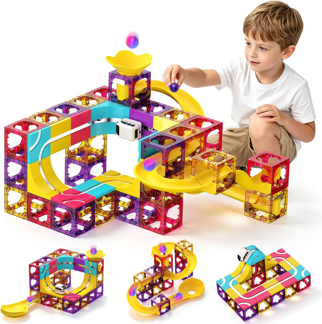 Juego de bloques de construcción magnéticos 3 en 1, 92 piezas, azulejos magnéticos, carrera de pelota y pista de tren de carreras, juguete educativo STEM para niños a partir de 3 años