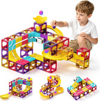 Juego de bloques de construcción magnéticos 3 en 1, 92 piezas, azulejos magnéticos, carrera de pelota y pista de tren de carreras, juguete educativo STEM para niños a partir de 3 años