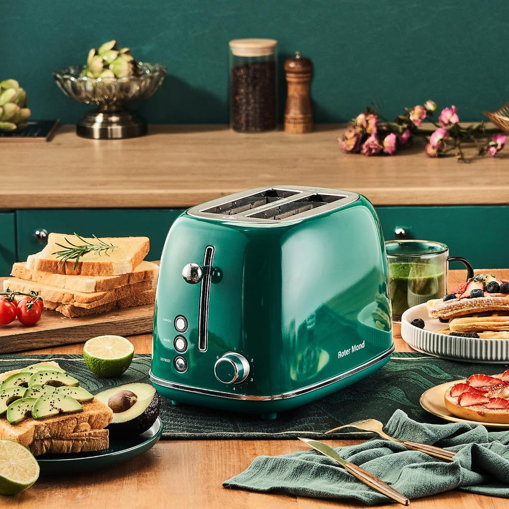 Roter Mond Tostadora de 2 rebanadas, de acero inoxidable, retro, con función de bagel, cancelar y descongelar, 6 ajustes de tostado de pan, ranuras extra anchas y bandeja de migas extraíble, Verde