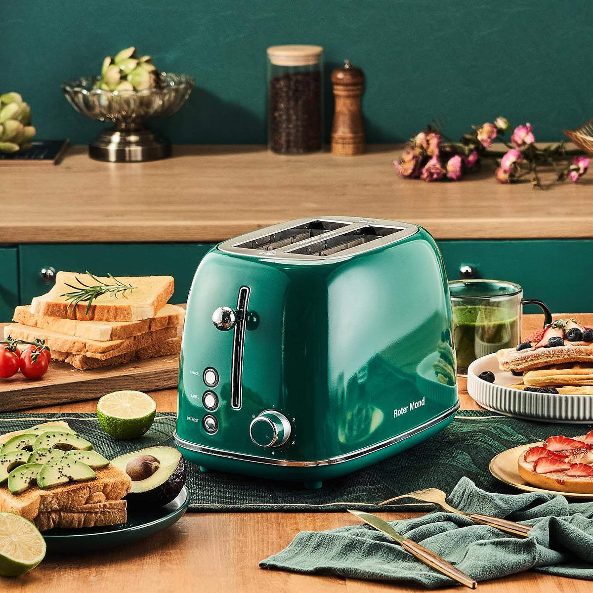 Roter Mond Tostadora de 2 rebanadas, de acero inoxidable, retro, con función de bagel, cancelar y descongelar, 6 ajustes de tostado de pan, ranuras extra anchas y bandeja de migas extraíble, Verde