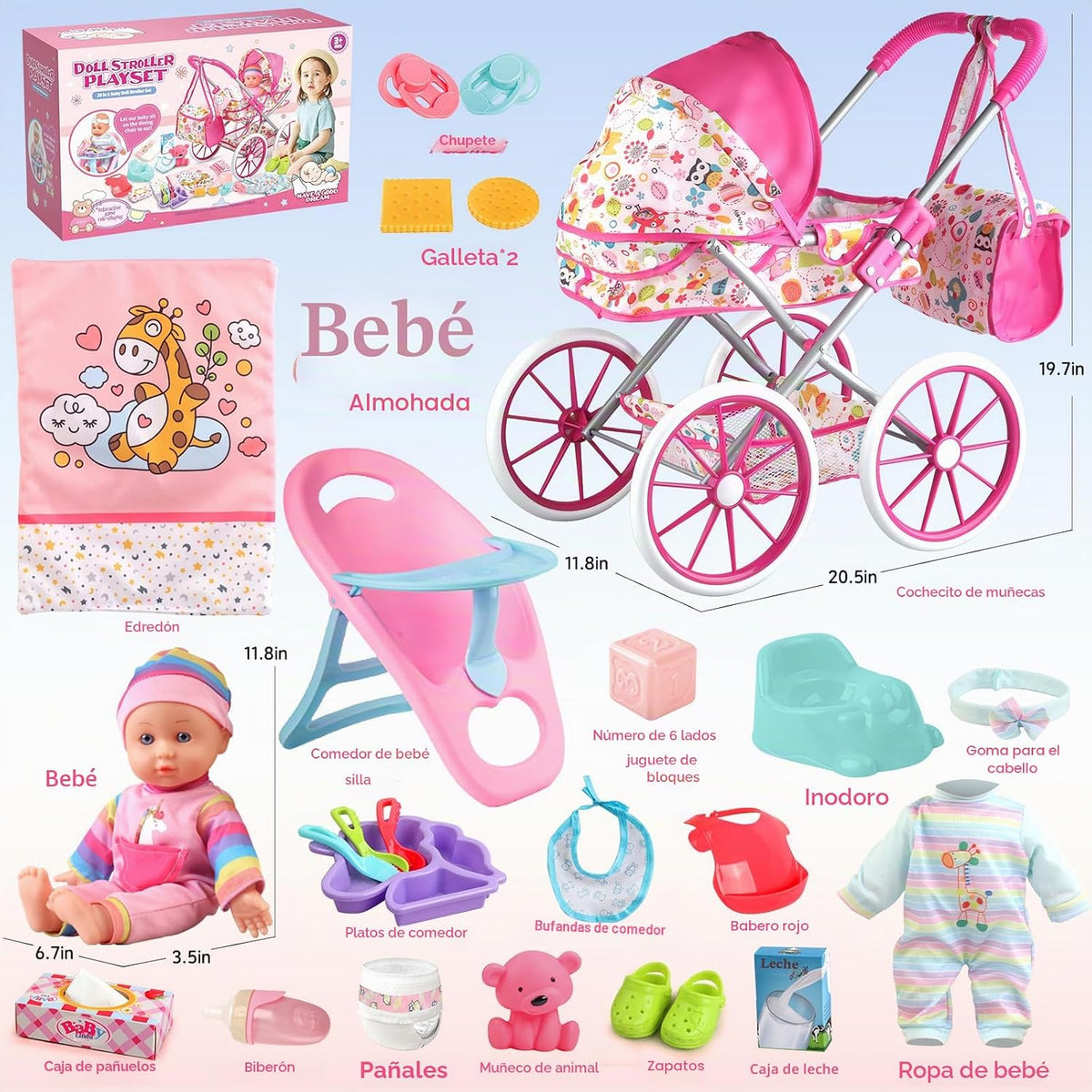 Juego de cochecito de muñeca de bebé para niñas con muñeca de bebé de 12.5 pulgadas, almohada acolchada, silla de comedor, 2 juegos de ropa de muñeca y 24 piezas de accesorios para muñecas, juguetes