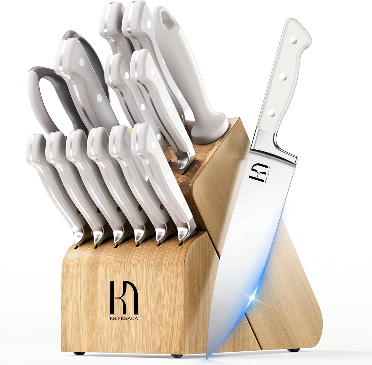 Juego de Cuchillos, Juego de Bloque de Cuchillos de Cocina de 15 Piezas, Juego de Cuchillos de Chef de Acero Inoxidable Japonés de Alto Carbono Duradero y Afilado como Navaja con Bloque y Afilador