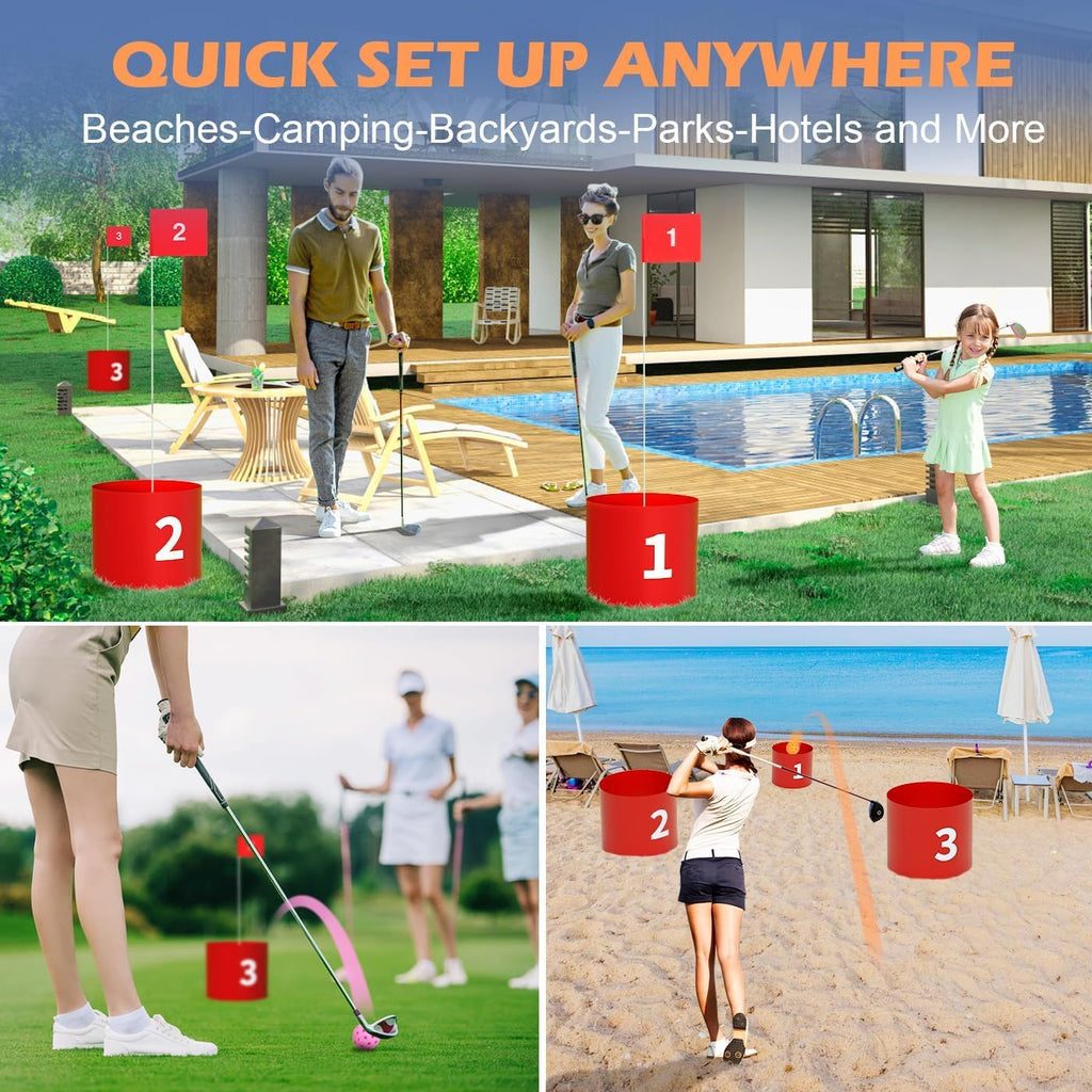 Juego de golf LED con 2 palos, juego de práctica de 6 agujeros para adultos y familia, juego de patio de batalla de plástico para interiores y exteriores con bolas, banderas, perfecto para