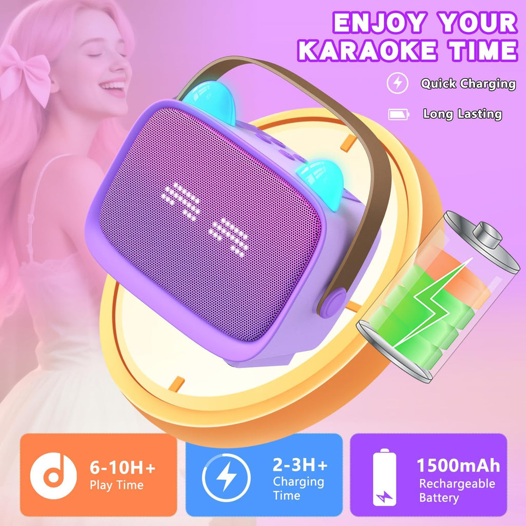 Mgaolo - Máquina de karaoke mini mejorada para niños, altavoz Bluetooth portátil con 2 micrófonos inalámbricos, emoji y luces LED coloridas, regalos para jugar en casa, viajes y fiestas para niños y