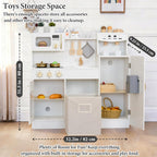 Cocina de juego de madera para niños pequeños de 3 a 5 años con sistema de almacenamiento y 18 piezas, juego de regalo de cocina compacto todo en uno, nevera, máquina de hielo, cafetera