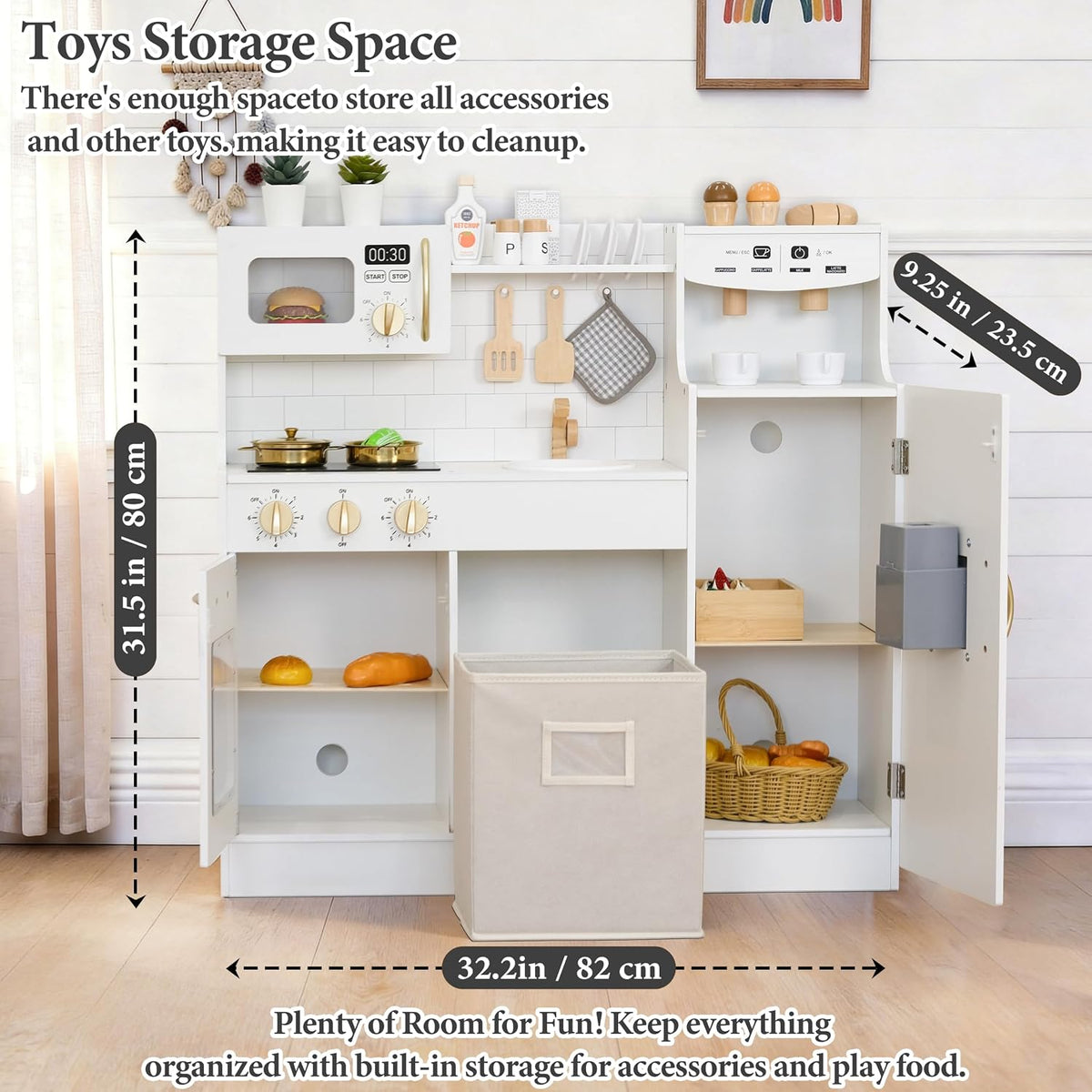 Cocina de juego de madera para niños pequeños de 3 a 5 años con sistema de almacenamiento y 18 piezas, juego de regalo de cocina compacto todo en uno, nevera, máquina de hielo, cafetera