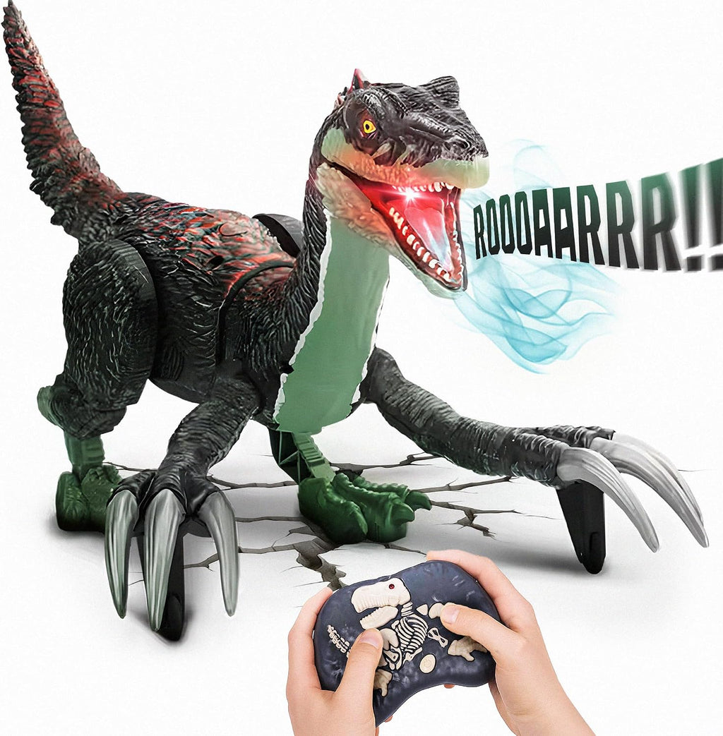 Juguete de dinosaurio a control remoto para niños, dinosaurio a control remoto, juguete velociraptor para caminar con rocío de niebla, luces y rugido, ideas de regalo de cumpleaños para niños y niñas de 3-5, 5, 7, 8-12 años