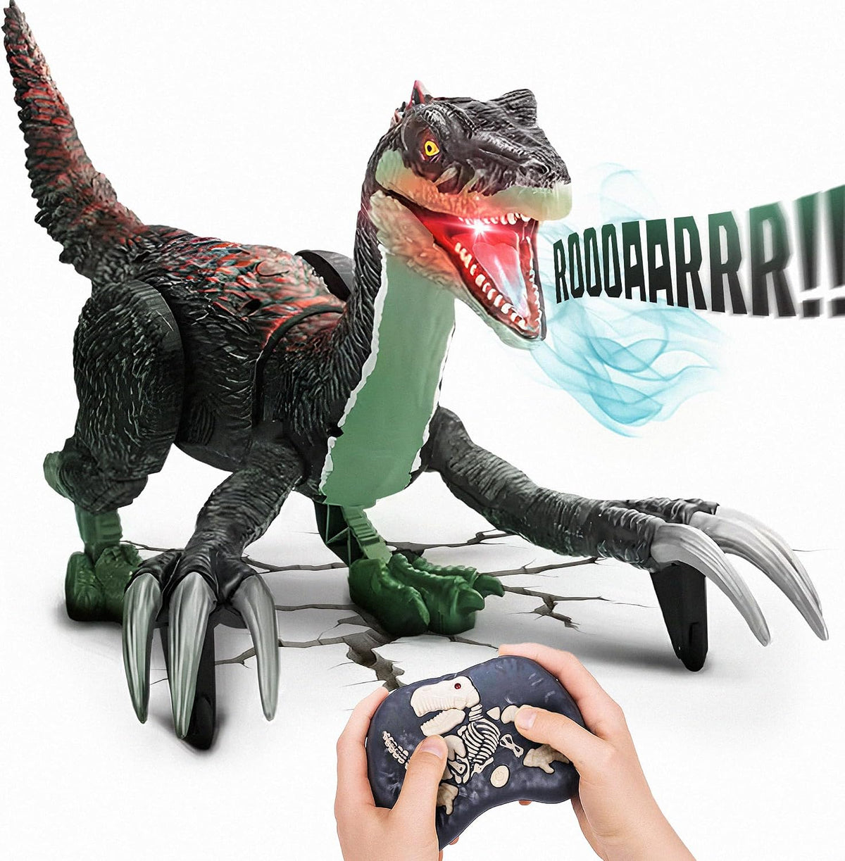 Juguete de dinosaurio a control remoto para niños, dinosaurio a control remoto, juguete velociraptor para caminar con rocío de niebla, luces y rugido, ideas de regalo de cumpleaños para niños y niñas de 3-5, 5, 7, 8-12 años