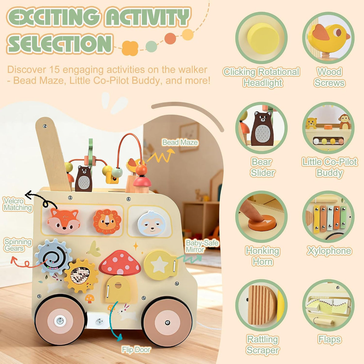 Wooden Activity Cube Push Walker, Wooden Baby Walker, Montessori Toys para Babies 10-12 Months 1 2 3 Years Old Boys & Girls, Help Learning a Walk & Sit-a-Stand