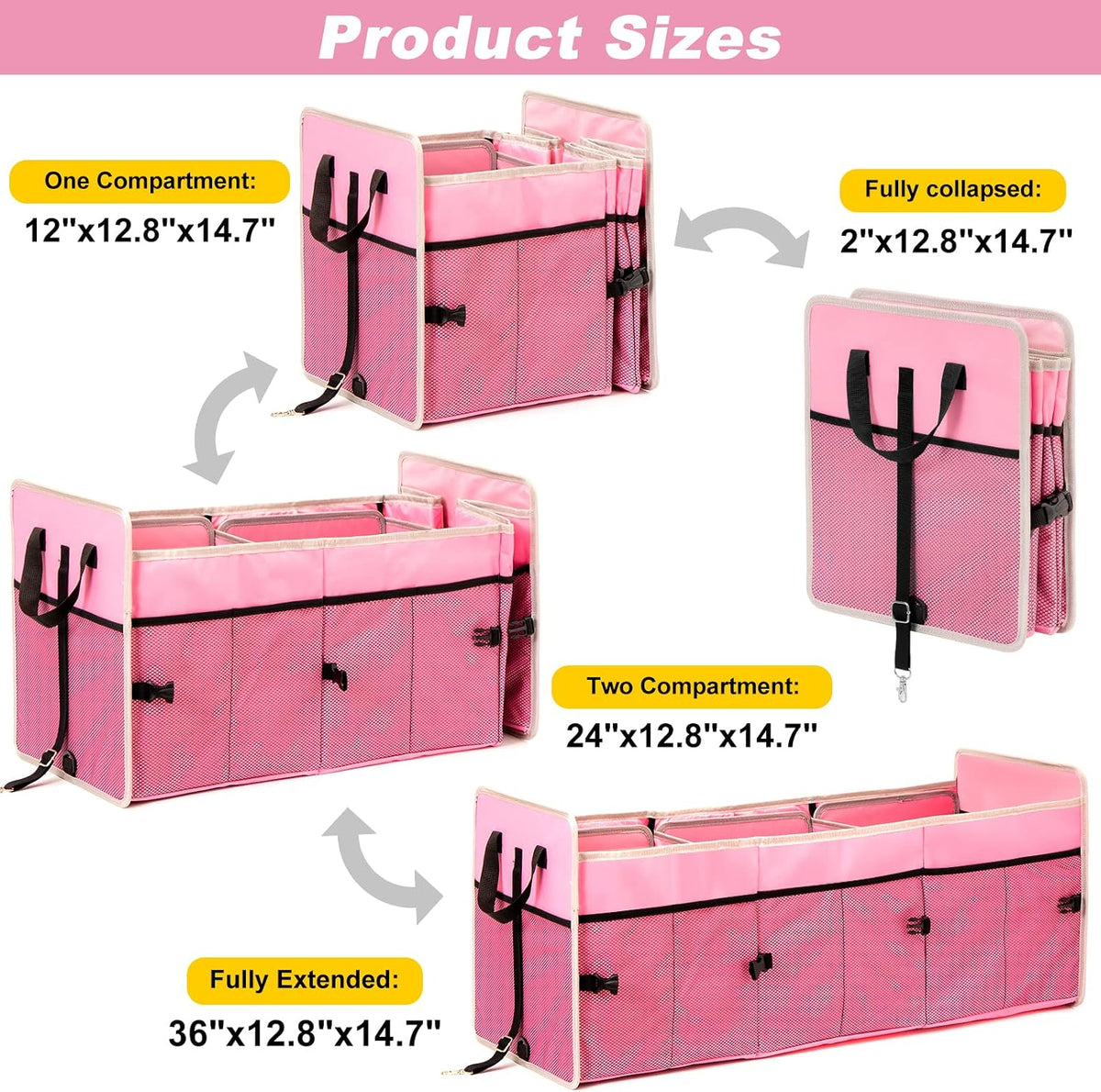 Organizador de maletero de automóvil con bolsa enfriadora individual, organizador de maletero de 3 compartimentos para automóvil, organizador de almacenamiento plegable para SUV (rosa)