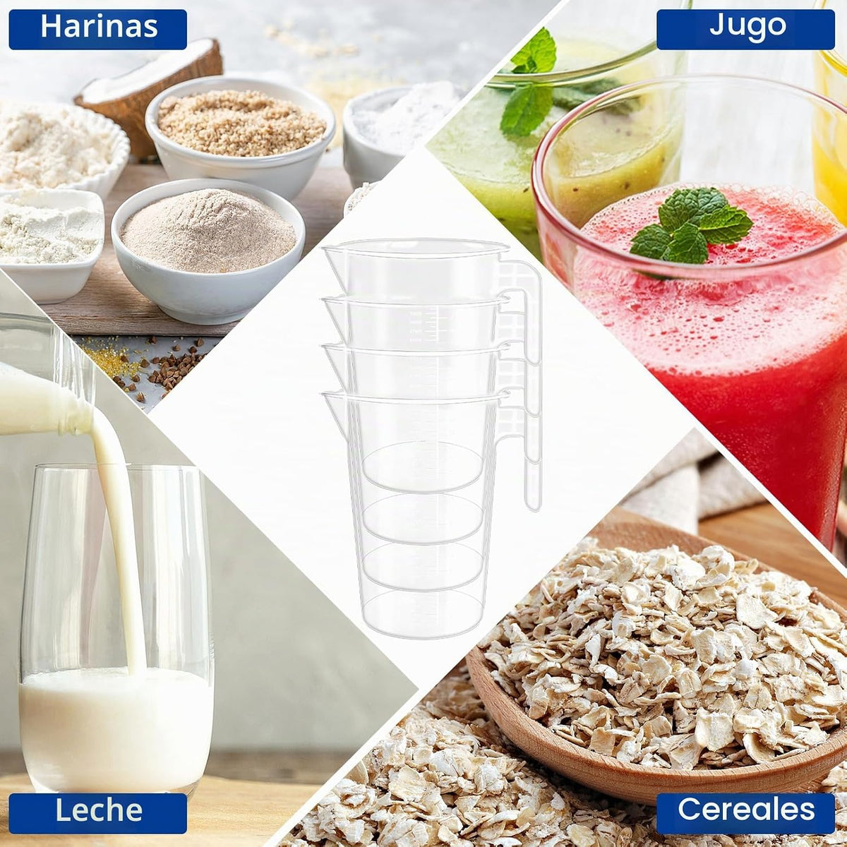 Paquete de 4 jarras de medición y mezcla graduadas de plástico de 2 litros, tazas medidoras transparentes de 1/2 galón con asa, taza de vertido multiusos para pintura, resina, epoxi