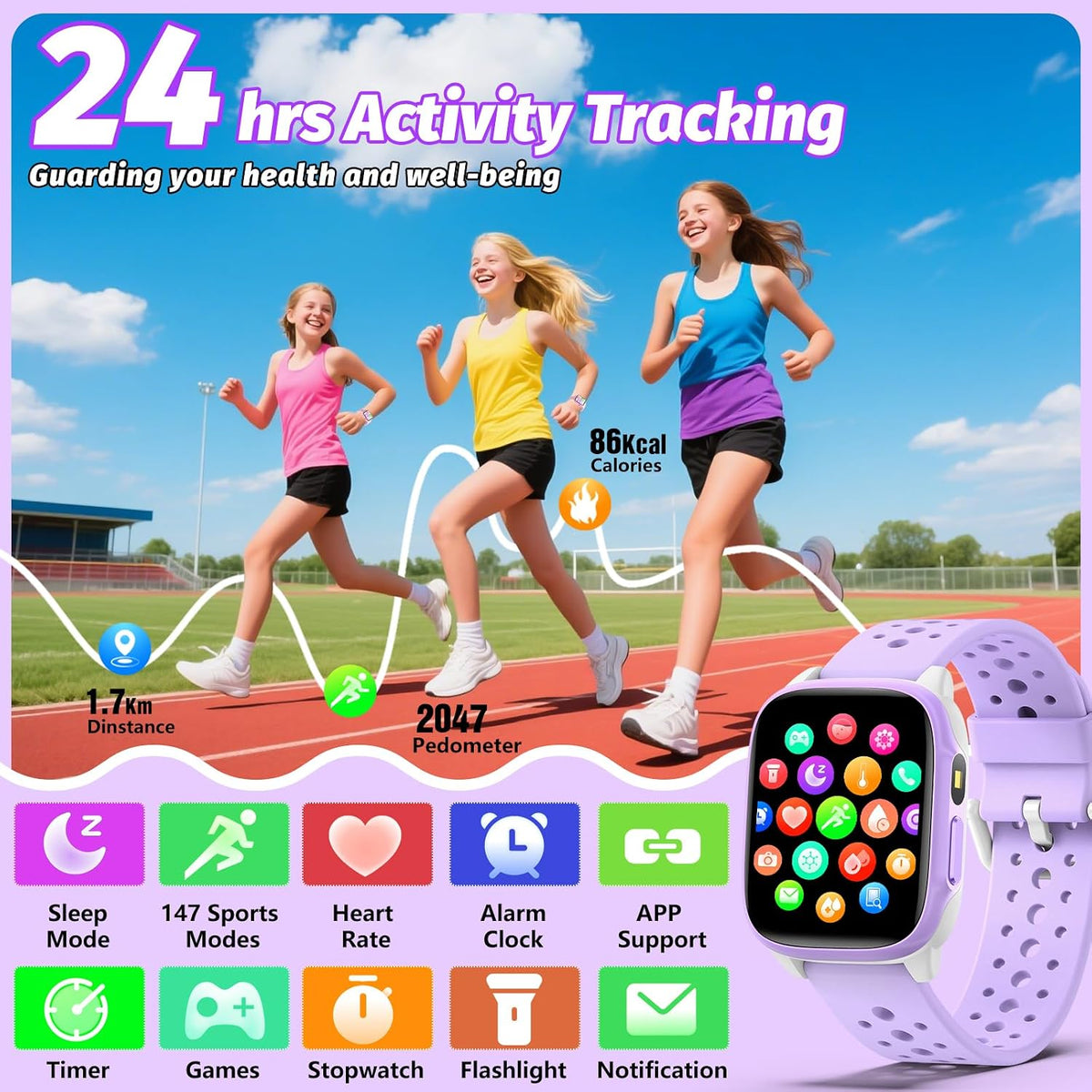 meoonley Reloj para niños con 140 modos deportivos, rastreador de fitness para niños de 1.5 pulgadas, reloj inteligente para niñas, no requiere aplicación/teléfono, monitor de sueño, frecuencia cardíaca, juegos de rompecabezas, impermeabilidad IP68