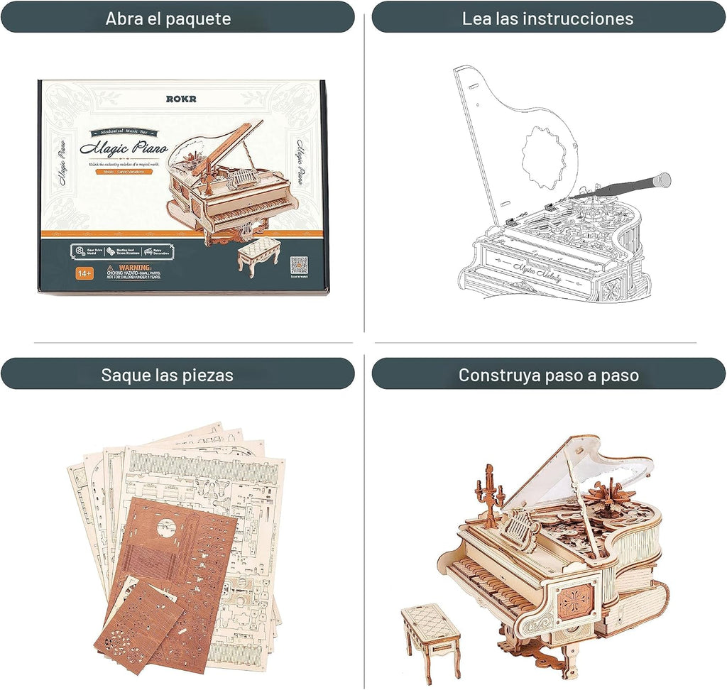 ROKR Rompecabezas de madera 3D para adultos, 223 piezas, kit de modelo de piano a escala 1:20, rompecabezas de construcción, caja de música de madera, regalo único para hombres, mujeres, pasatiempos
