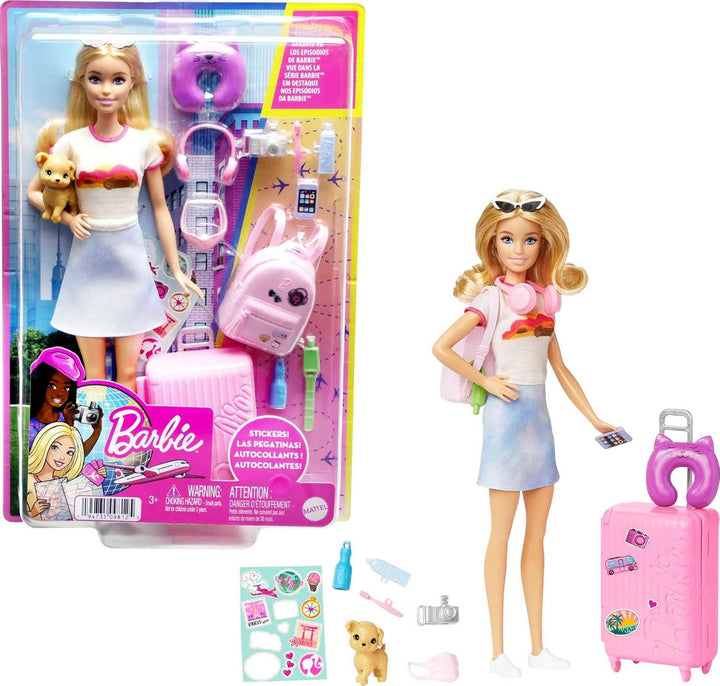 Muñeca Barbie y accesorios, set de viaje con cachorro y más de 10 p...