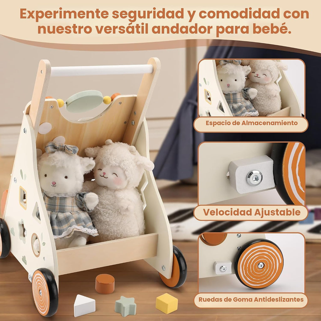 Andador de madera para bebés, andador de empuje para bebés con centro de actividades para niñas y niños, juguetes Montessori Push Walker para bebés que aprenden a caminar, sentado a pie, para 10-12 meses, 1, 2, 3 años