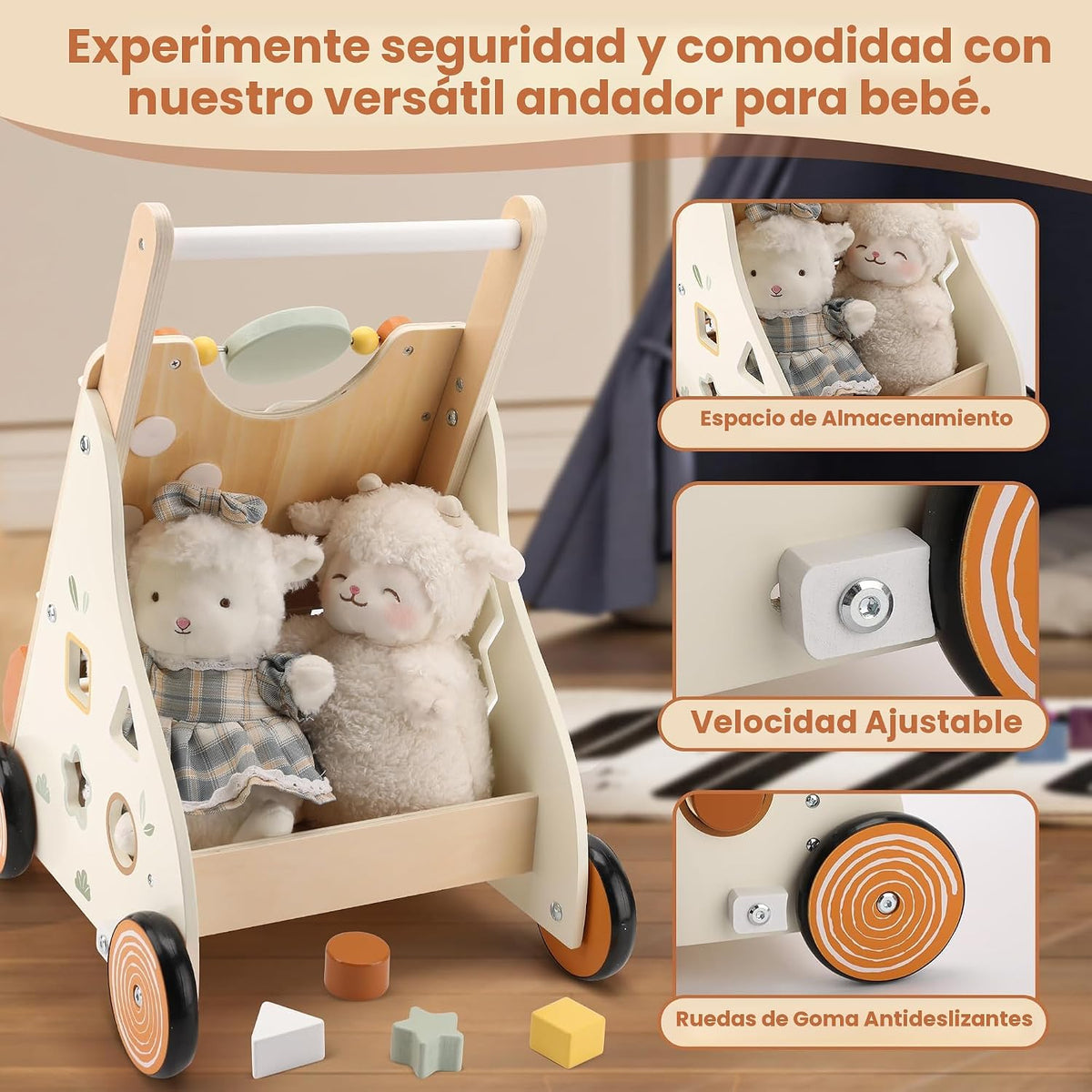 Andador de madera para bebés, andador de empuje para bebés con centro de actividades para niñas y niños, juguetes Montessori Push Walker para bebés que aprenden a caminar, sentado a pie, para 10-12 meses, 1, 2, 3 años