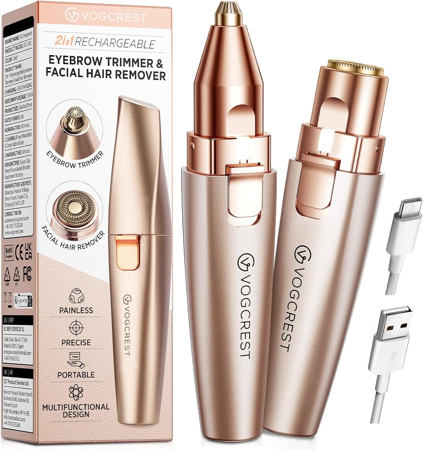 VG VOGCREST Recortador de Cejas y Facial: 2 en 1 Recargable para De...