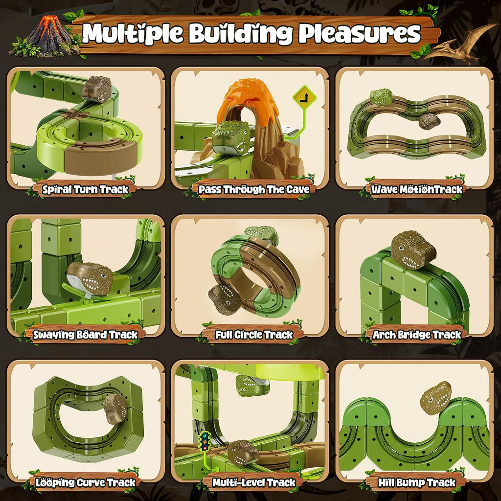 Juego de tren eléctrico de dinosaurio para niños, 90 piezas de