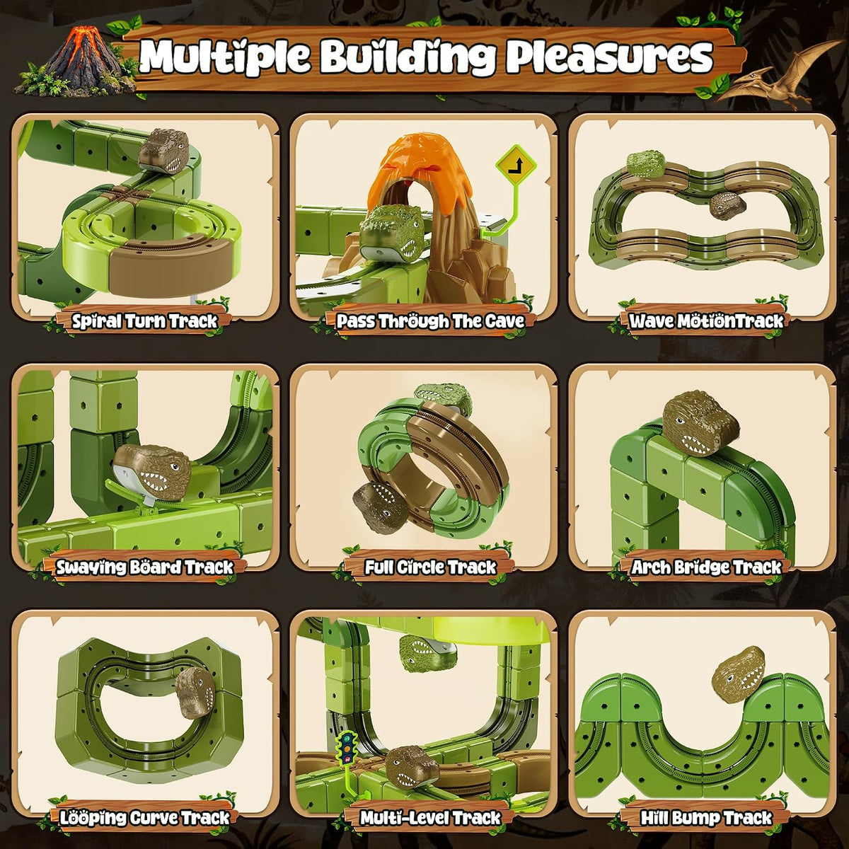 Juego de tren eléctrico de dinosaurio para niños, 90 piezas de