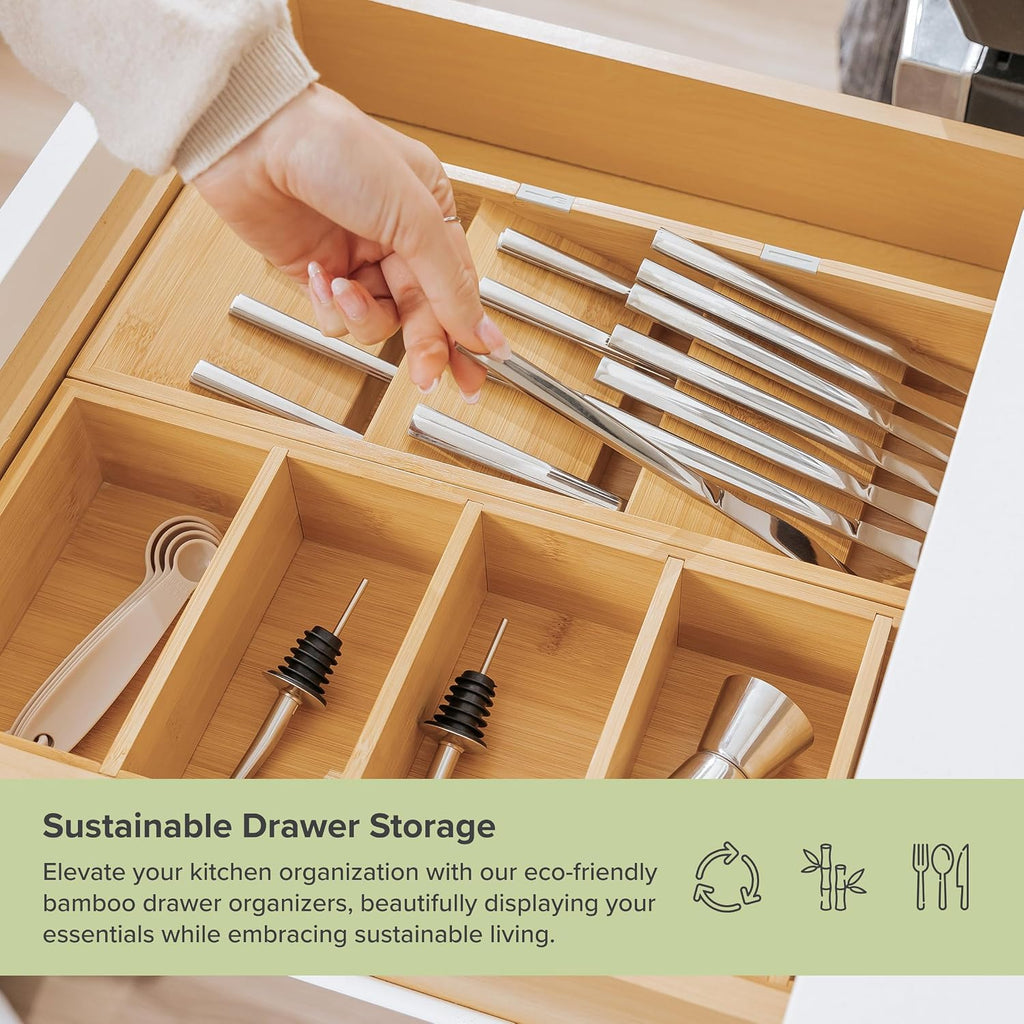Organizadores Premium de Cajón para Cubiertos y Utensilios – Diseño Inclinado de 3 Compartimentos y 5 Compartimentos, Ranuras Etiquetadas, Pies Antideslizantes, 100% Bambú Sostenible