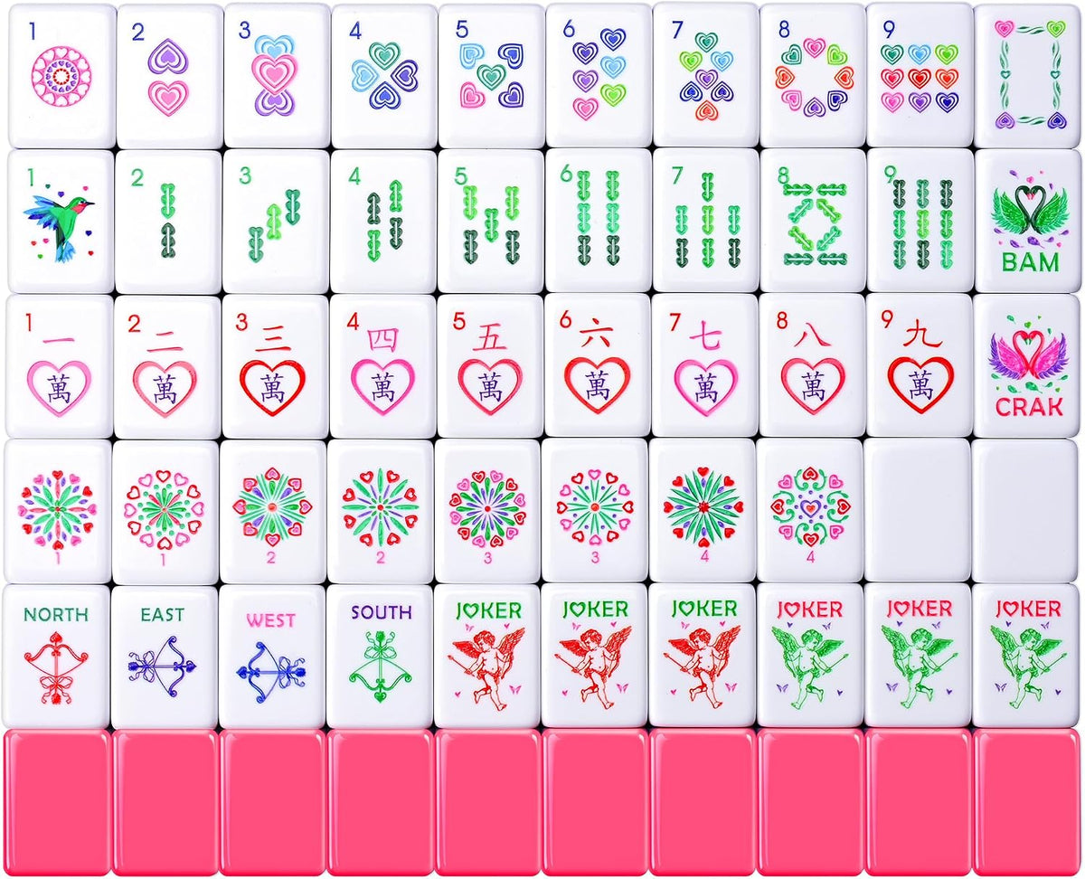 Love American Pink Mahjong - Juego de 160 azulejos tallados acrílicos coloridos de 4 capas, diseño de corazón, funda de viaje portátil de cuero clásico vintage, 3 dados dorados, 100 fichas