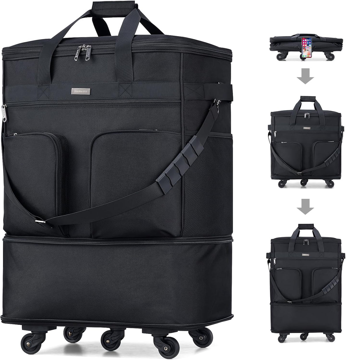 Hanke Equipaje plegable expandible con ruedas, versión actualizada 2, 98L, resistente al agua, 5 ruedas giratorias, 3 bolsillos, poliéster, 19 x 13 x 27.2 pulgadas, 6.1 libras, equipaje de mano