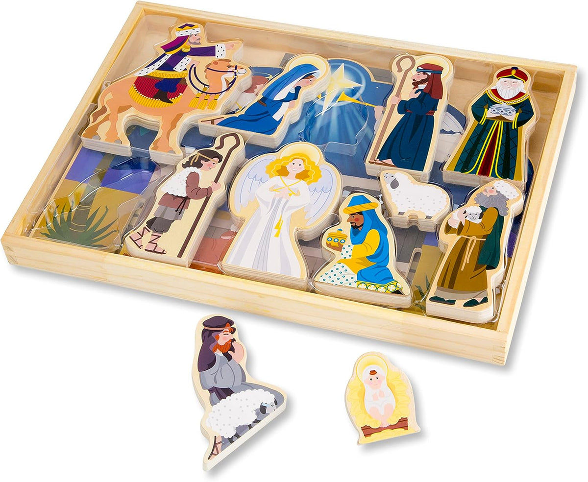 Clásico set de Navidad de Melissa & Doug, de madera, con establo de 4 piezas y 11 figuras de madera
