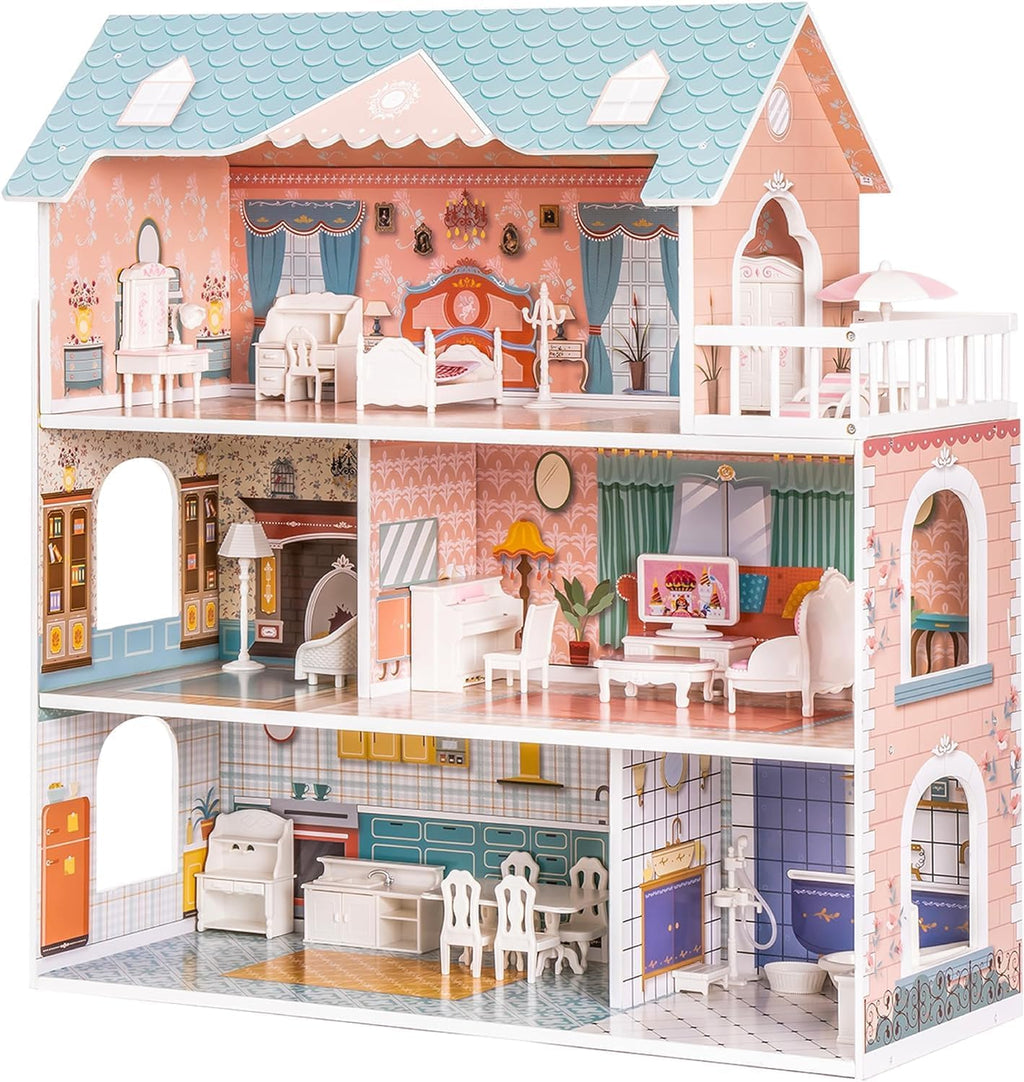 ROBUD Casa de Muñecas de Madera con Muebles Azul para Niñas de 3-6
