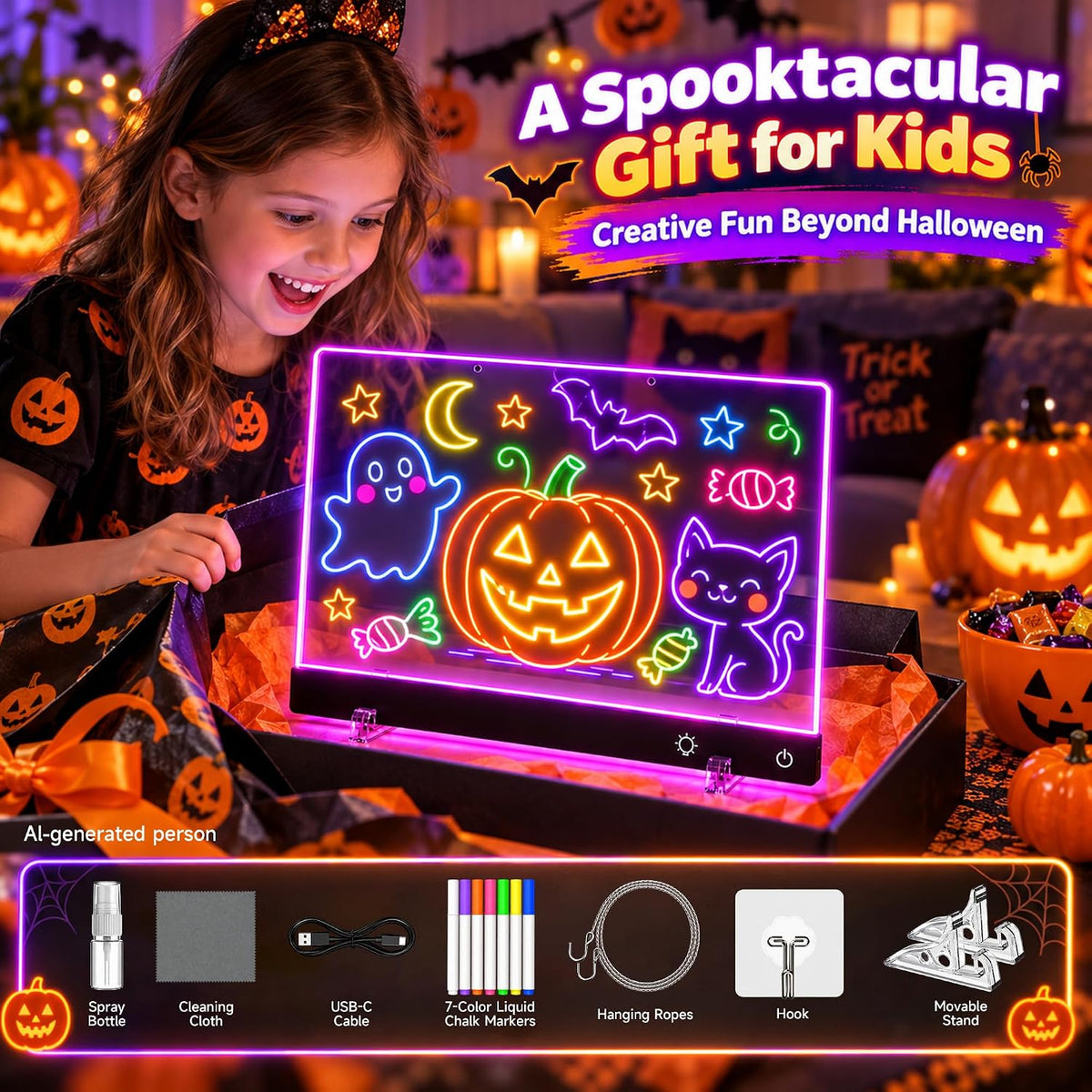 Tablero de dibujo LED recargable de 16 pulgadas | Artes y manualidades de Halloween para niños de 4 a 6 años