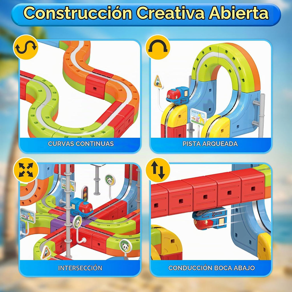 Juego de tren eléctrico para niños, 141 piezas (92 pistas + 2 autos) juego de tren magnético para niños pequeños, juguetes STEM regalos de cumpleaños para niños de 3 a 12 años, kits de pista de