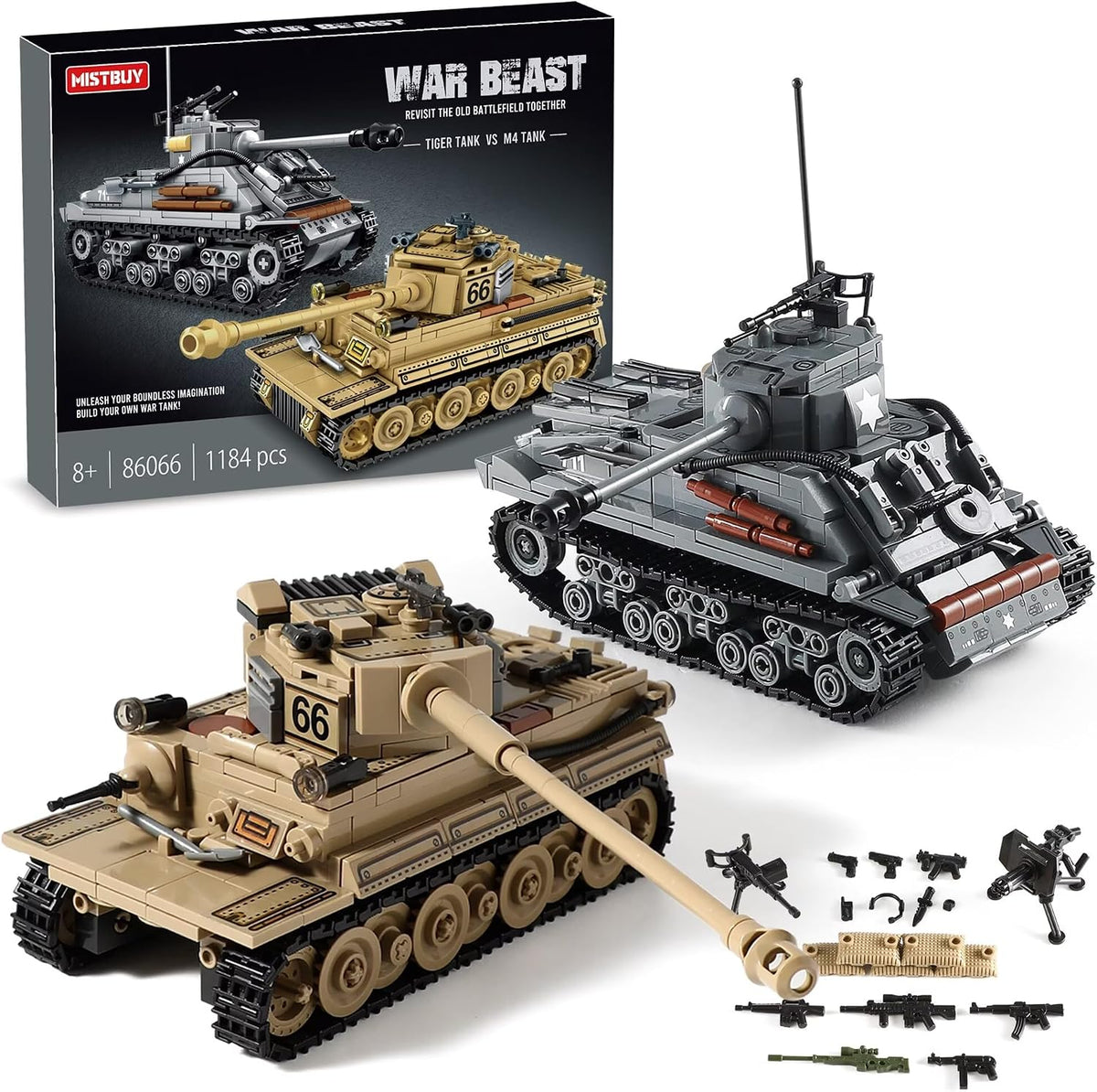 Kit de construcción de juguetes de tanque del ejército WW2, crea un tigre alemán y un modelo Sherman M4 estadounidense con 1184 bloques, gran regalo de juguete militar para niños, niños de 8 a