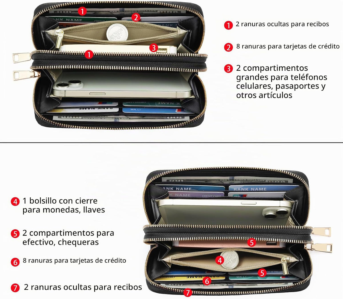 GOIACII Cartera de mujer de gran capacidad con doble cremallera, tarjetero y soporte para teléfono, con bloqueo RFID, de cuero con correa, negro (A01 Black), Casual