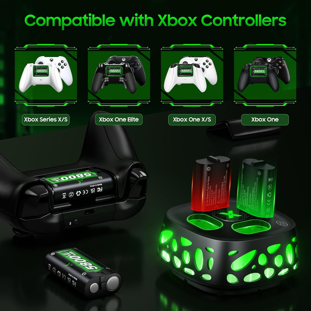 Feirsh Paquete de baterías recargables para Xbox con cargador, 4 x 5800 mWh, paquetes de baterías recargables de carga rápida para baterías de controlador Xbox para XboxOne Series X|S, One S/X, juegos de fundas y almacenamiento de Xbox One