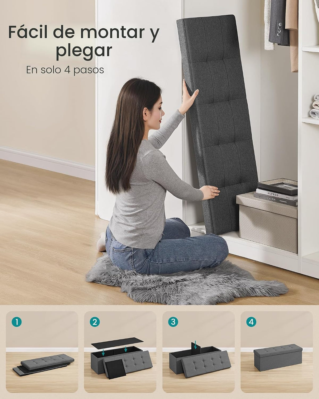 SONGMICS Colección MAZIE - Banco otomano plegable de almacenamiento de 43 pulgadas, reposapiés otomano, banco para el final de la cama, pecho de almacenamiento, carga 299 kg, para sala de estar