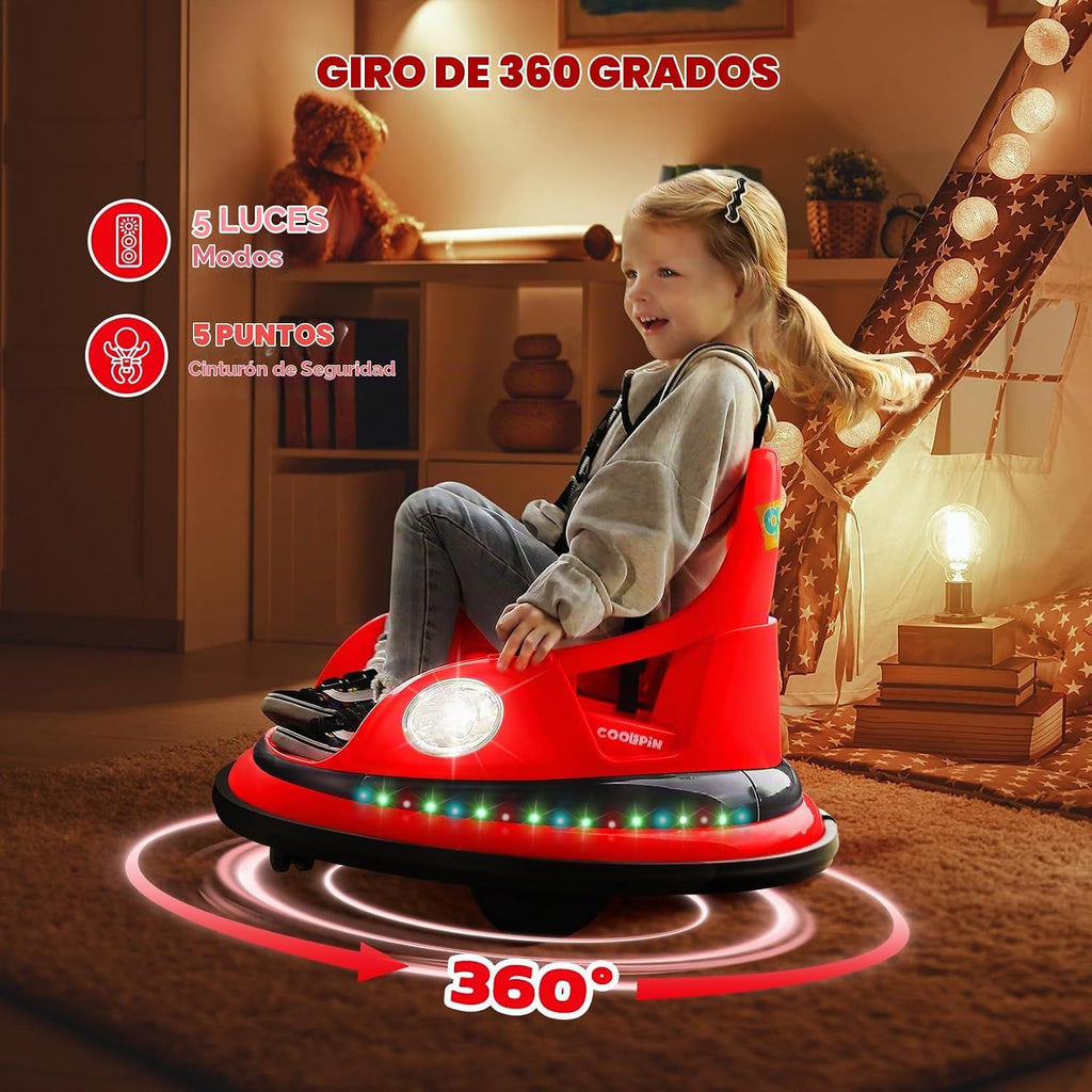 Coche chocón para niños, 3.1 km/h máx, coche eléctrico de 12 V para niños pequeños, coche de choque con giro de 360° y música, 5 modos de iluminación, calcomanías DIY, coche de montar con