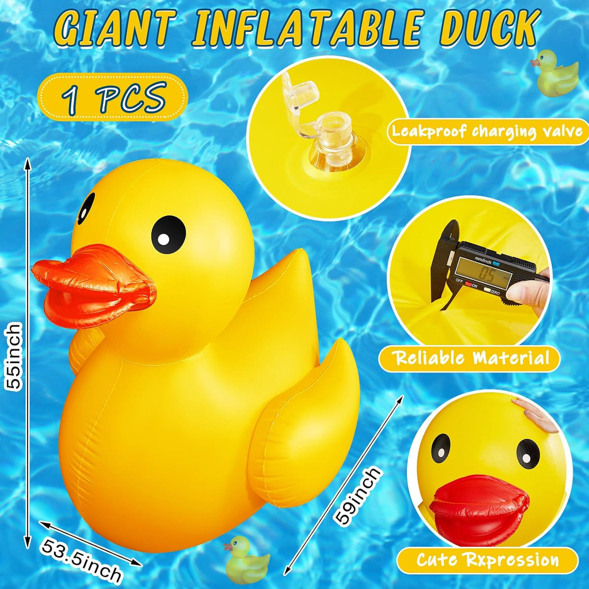 Hungdao Pato inflable gigante de 5 pies, enorme pato de goma, flotador inflable de piscina para adultos, verano, playa, piscina, decoración de fiesta