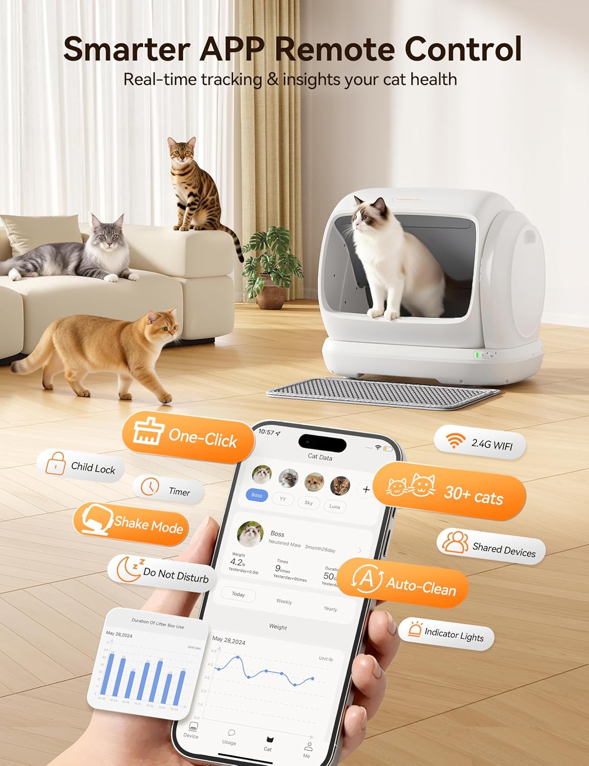 Meowant Caja de arena para gatos autolimpiante, gran capacidad de 106L para