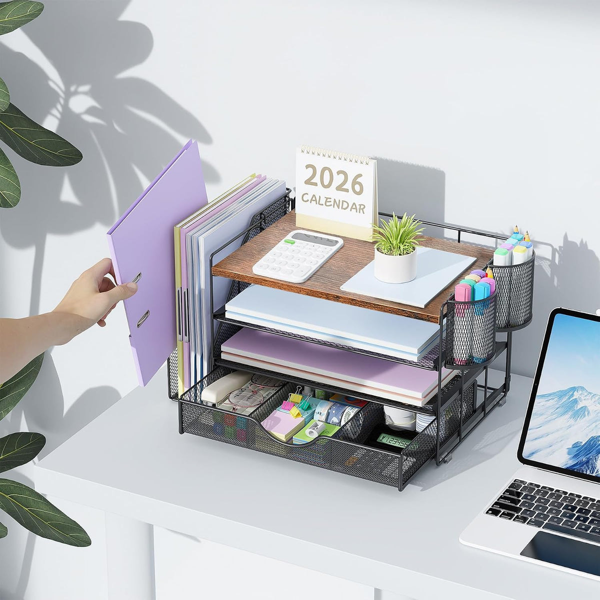 Lámpara gianotter Organizadores de escritorio y accesorios con soporte para archivadores, accesorios de escritorio de 4 niveles y organizadores de espacio de trabajo con cajón y 2 soportes para bolígrafos