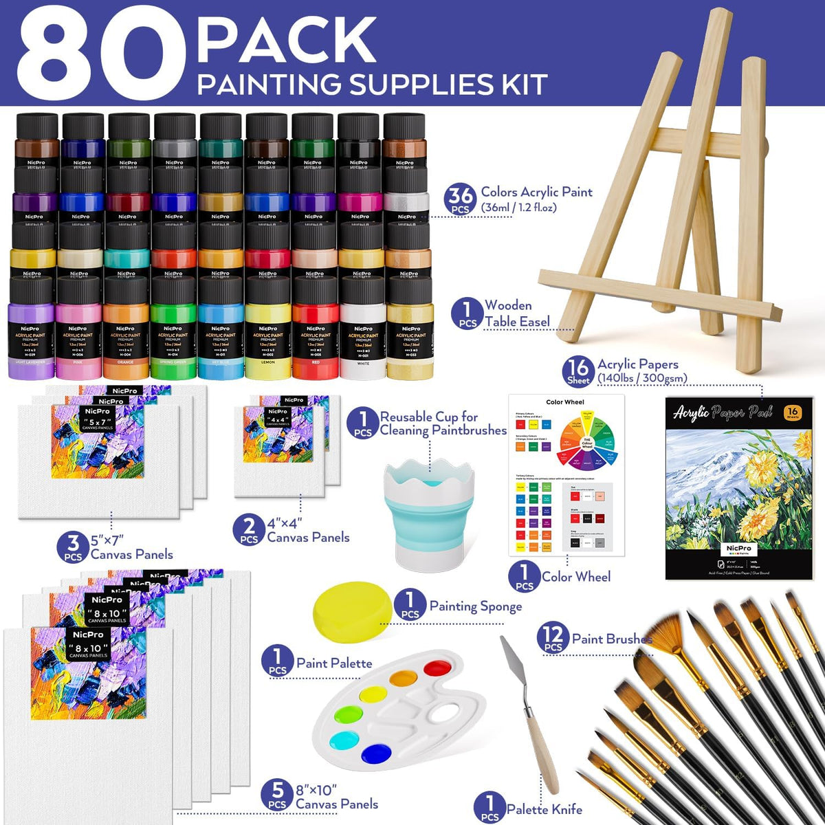 Nicpro - Juego de 80 lienzos de pintura acrílica para adultos con 36 pinturas (1.2 fl oz)