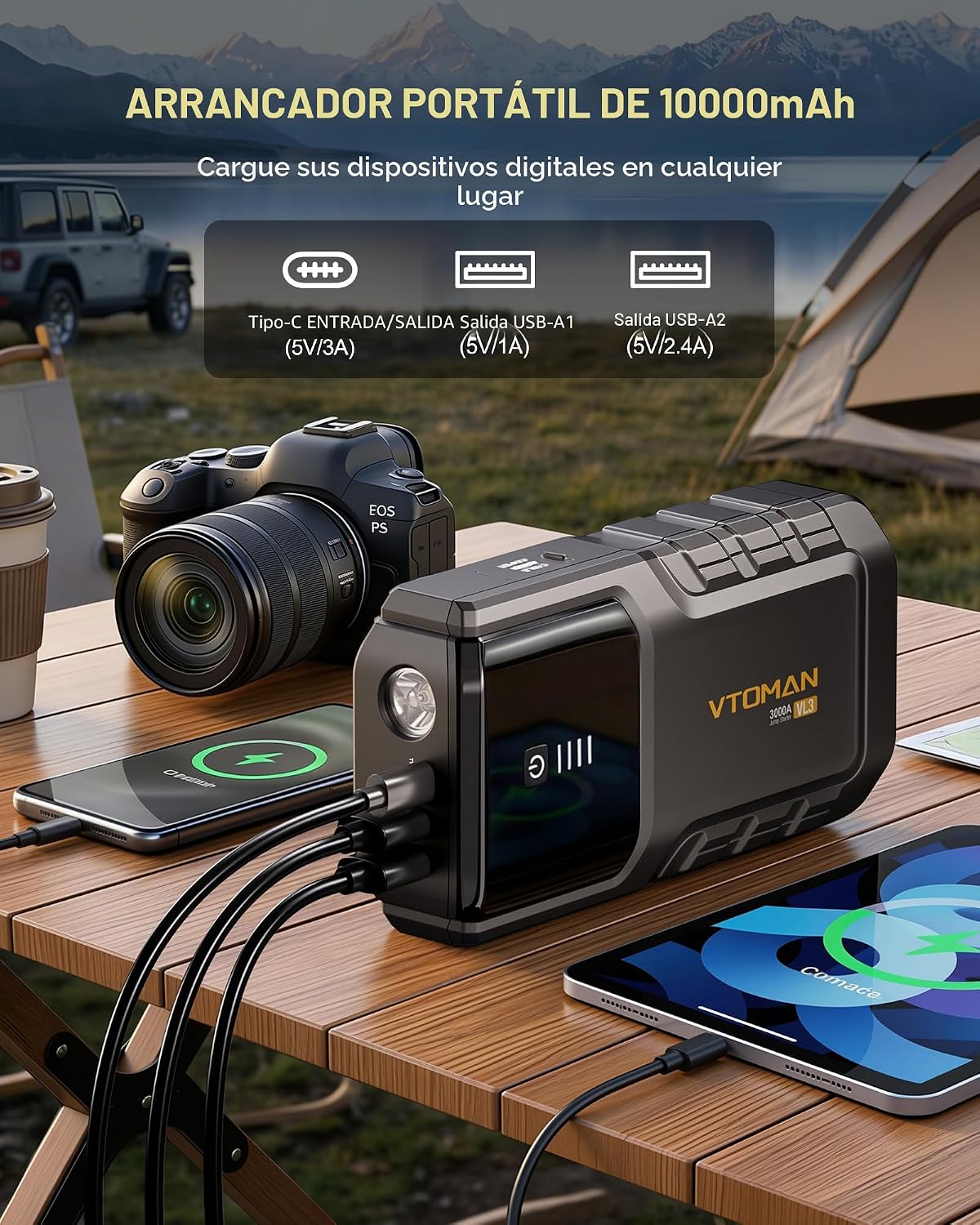 VTOMAN VL3 3000A LiFePO4 Arrancador portátil para hasta 7L de gas y 5L de