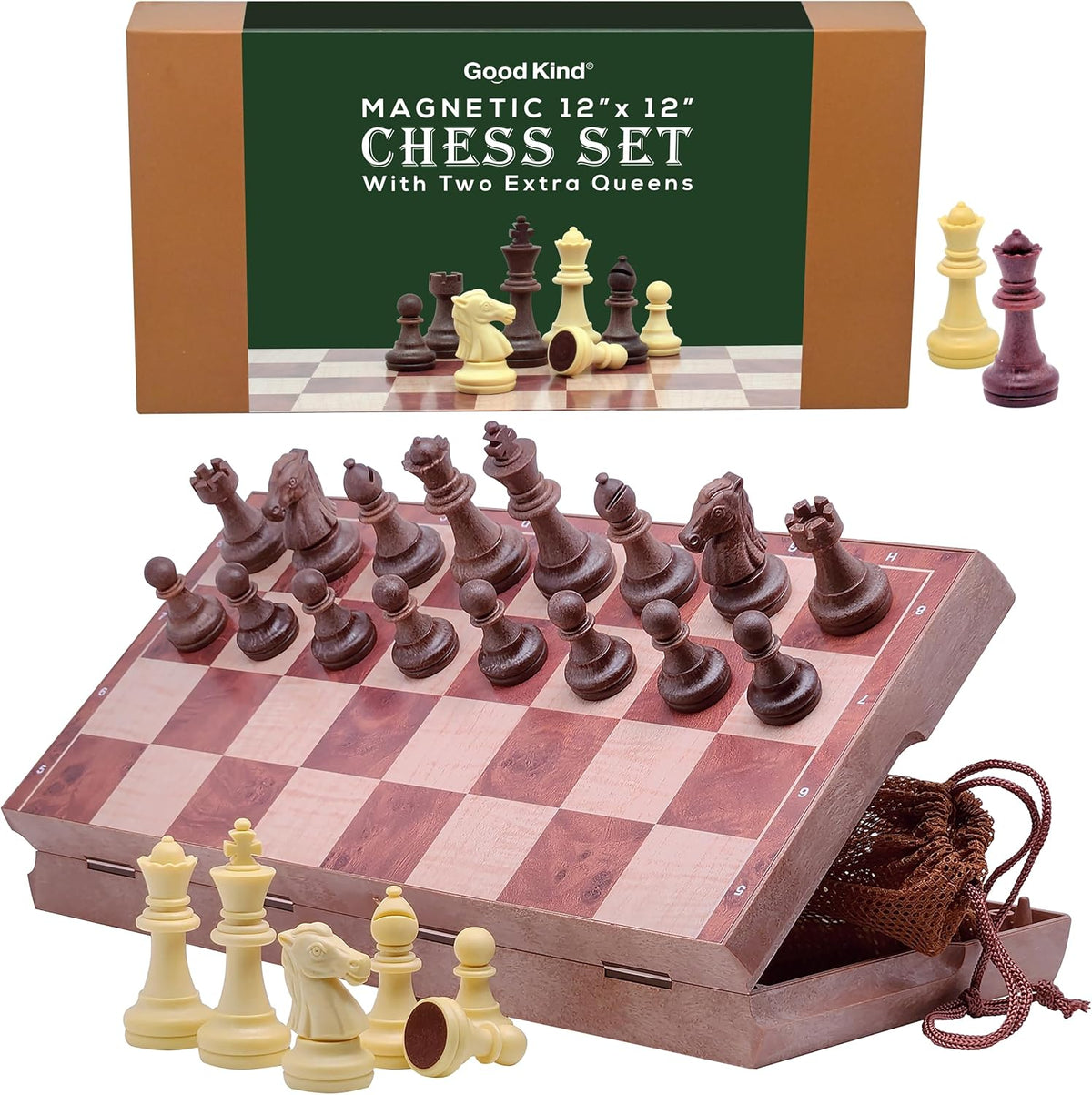 Juego de ajedrez de viaje magnético para niños y adultos. Juego de mesa de ajedrez portátil de 12 x 12 pulgadas para principiantes y jugadores avanzados. Juegos de ajedrez para adultos con 2 reinas adicionales y 2 bolsas de almacenamiento para piezas de