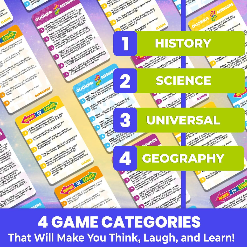 Juegos de mesa de trivia para niños y adultos - Set de 4 cartas Más Alto o Más Bajo
