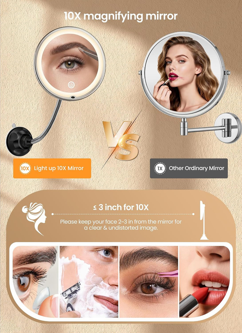 10 espejos de maquillaje con luces, espejo de aumento flexible