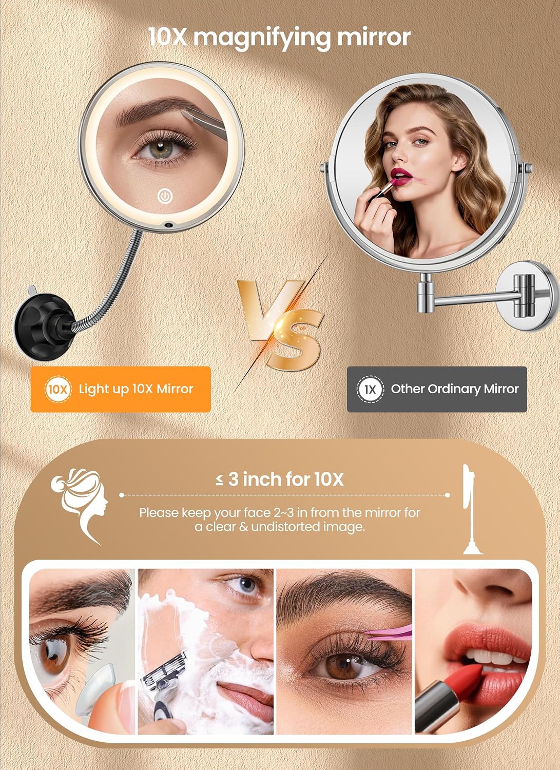10 espejos de maquillaje con luces, espejo de aumento flexible