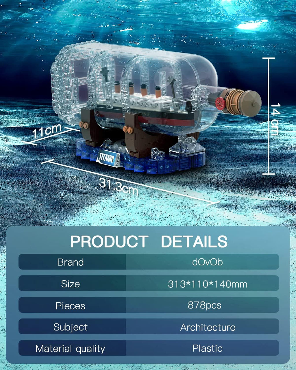 dOvOb - Juego de bloques de construcción de barco Titanic en una botella, conjunto de modelo de exhibición coleccionable creativo, gran idea de regalo de juguete para adultos y niños (878 piezas)