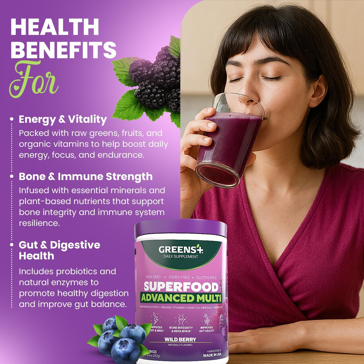 Greens+ Advanced Multi Wild Berry Superfood en polvo, mezcla orgáni...