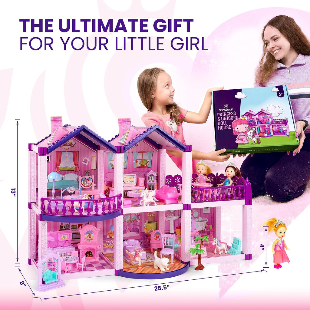 Casa de muñecas con 2 princesas, 4 unicornios, perro, muebles y accesorios – Casa de muñecas de ensueño rosa y morado juguete para niñas pequeñas – 5 habitaciones con jardín, muebles y accesorios