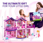 Casa de muñecas con 4 princesas, 4 unicornios, perro, muebles y accesorios – Casa de muñecas de ensueño rosa y morado juguete para niñas pequeñas – 5 habitaciones con jardín, muebles y accesorios